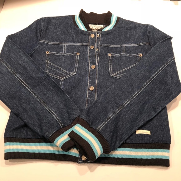 Baby Phat Women's Dark Blue Jean Jacket with Teal Accents - Picture 2 of 5